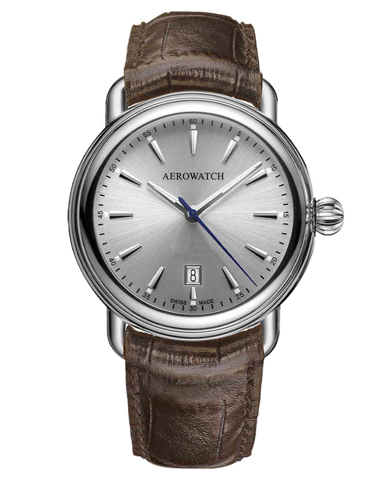 Aerowatch Aerowatch 1942 42900 AA19  42900 AA19 кварцевые мужские часы серебристый циферблат, браслет кожаный — вид спереди